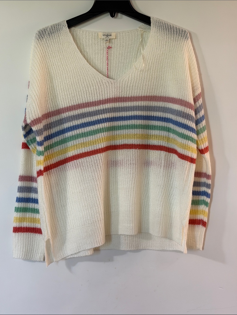 Umgee Cream V-Neck Sweater with Rainbow Stripes